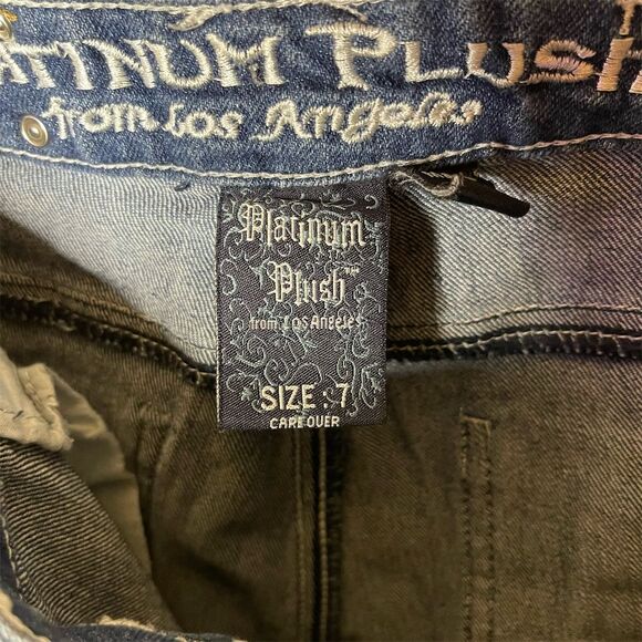 Platinum Plush Cross Me Women's Size 7 Blue Open-leg Rhinestone Jeans - Picture 6 of 10